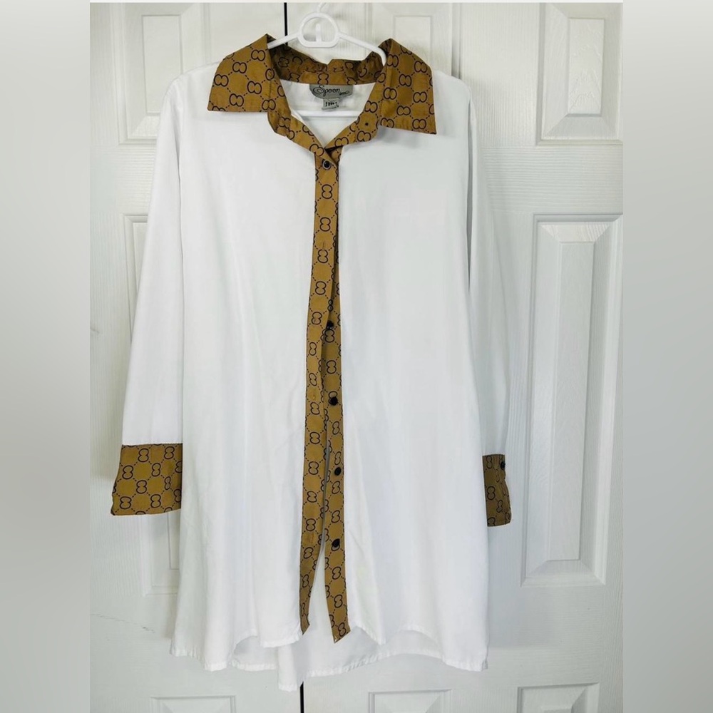 Chic White and Brown Long Sleeve Women's Top
